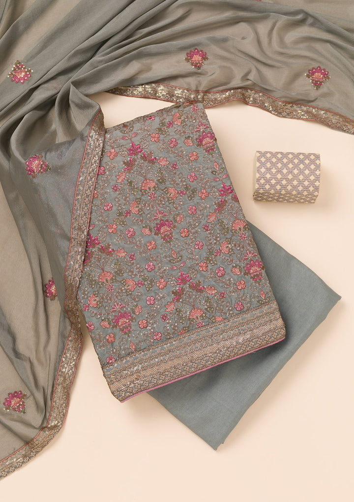 Grey Threadwork Semi Crepe Unstitched Salwar Suit