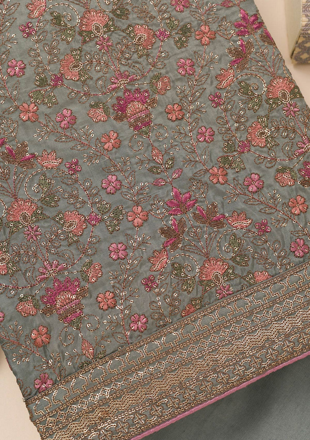 Grey Threadwork Semi Crepe Unstitched Salwar Suit