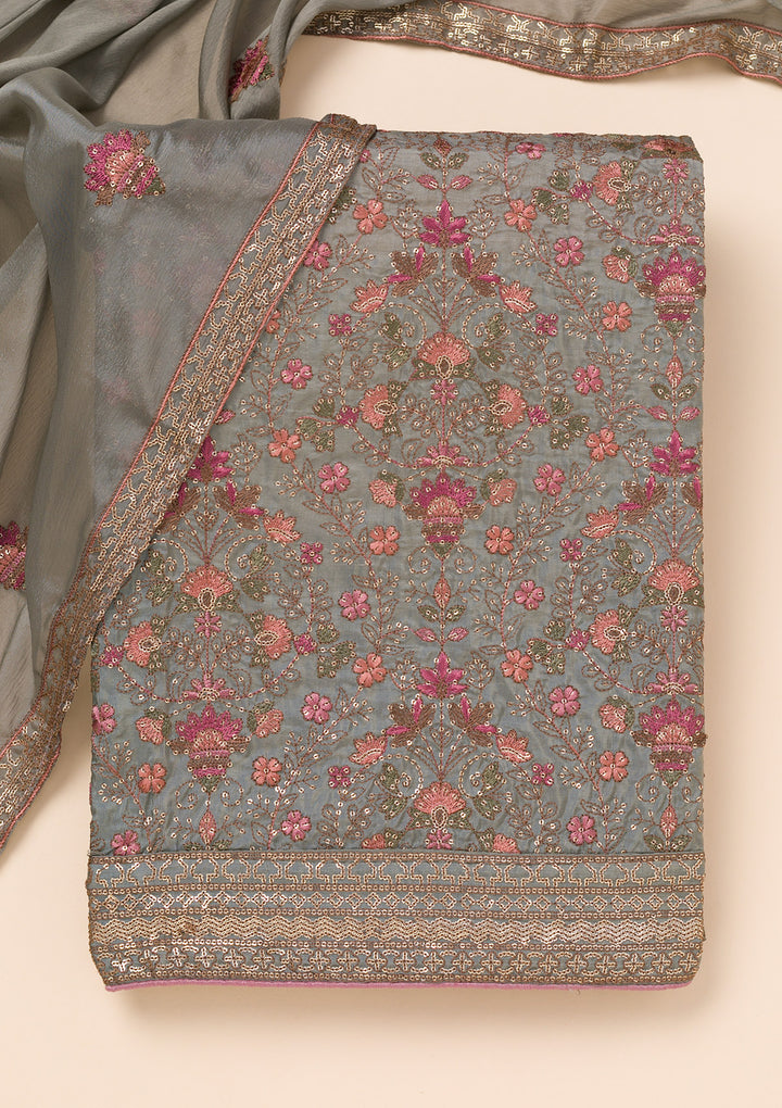 Grey Threadwork Semi Crepe Unstitched Salwar Suit