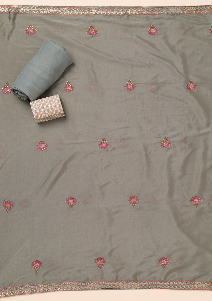 Grey Threadwork Semi Crepe Unstitched Salwar Suit