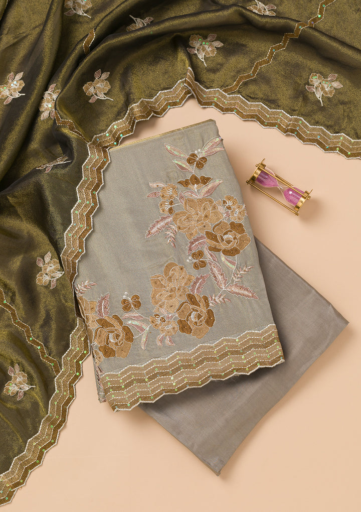 Grey Threadwork Semi Crepe Unstitched Salwar Suit