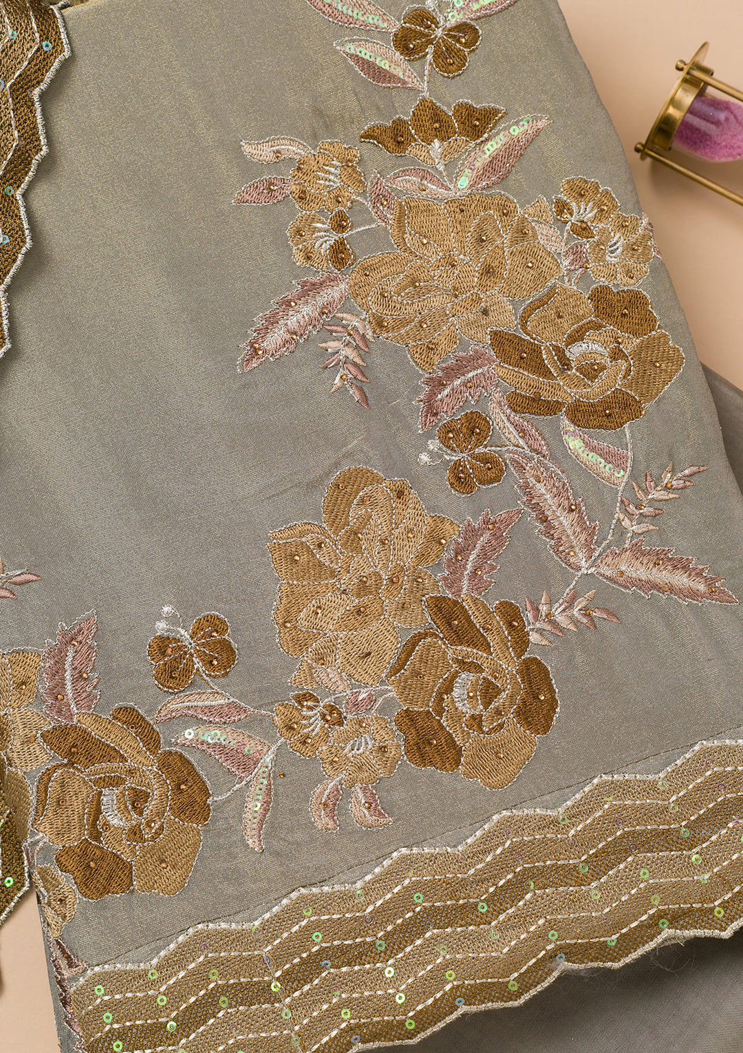 Grey Threadwork Semi Crepe Unstitched Salwar Suit