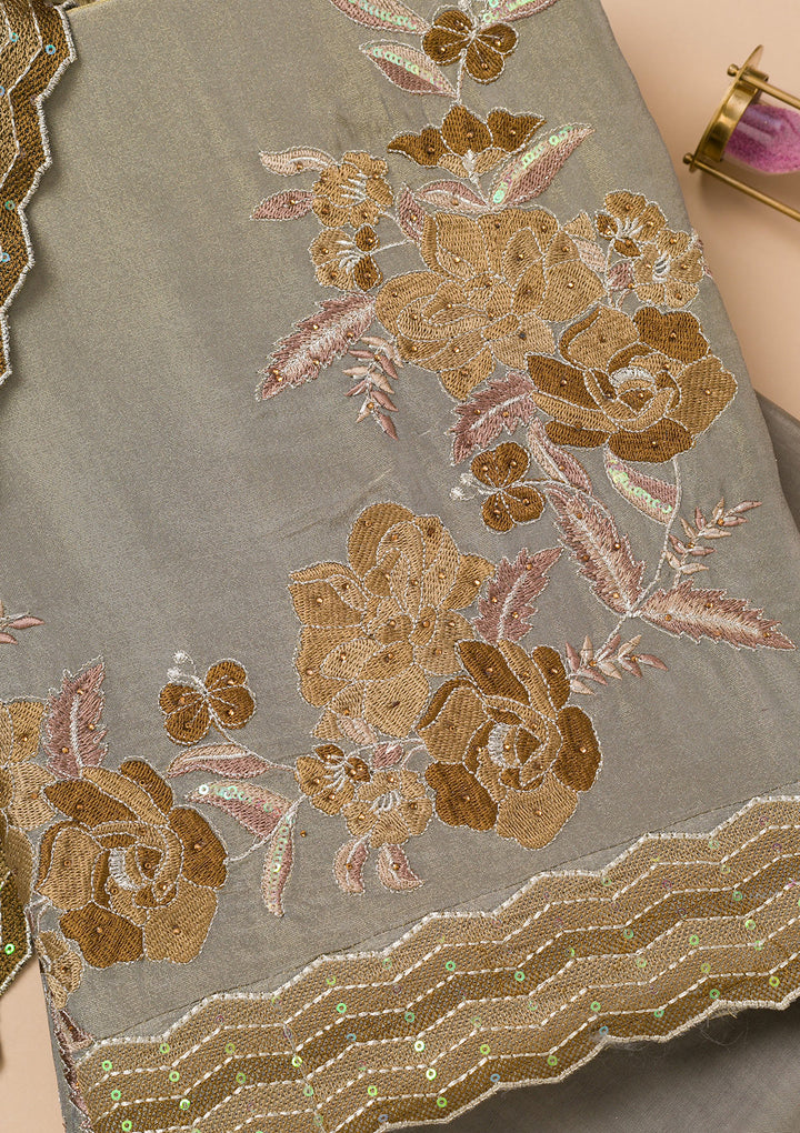 Grey Threadwork Semi Crepe Unstitched Salwar Suit