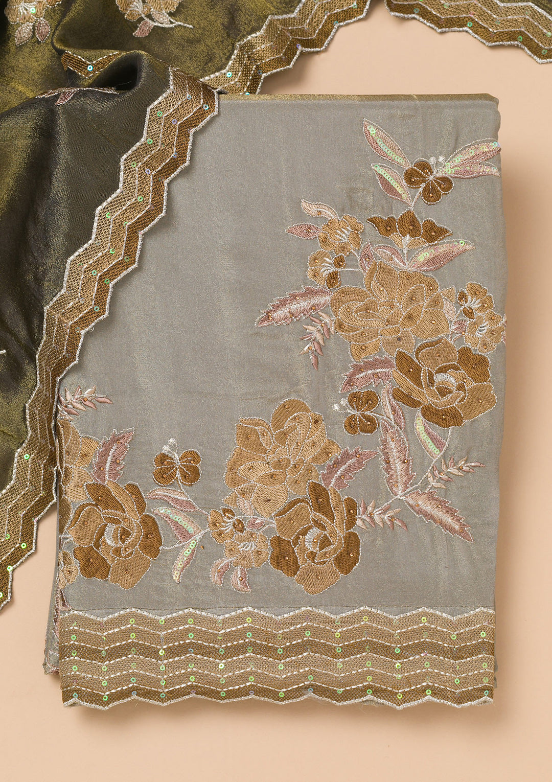 Grey Threadwork Semi Crepe Unstitched Salwar Suit