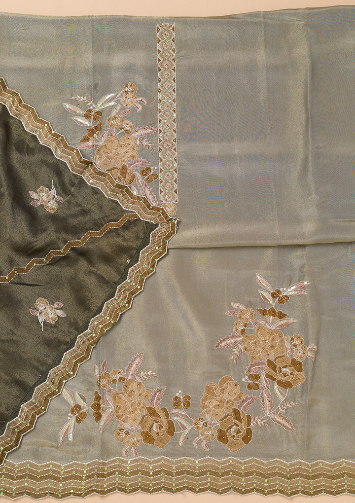 Grey Threadwork Semi Crepe Unstitched Salwar Suit