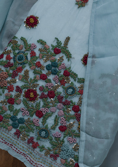 Grey Threadwork Tissue Unstitched Salwar Suit