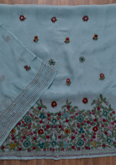 Grey Threadwork Tissue Unstitched Salwar Suit