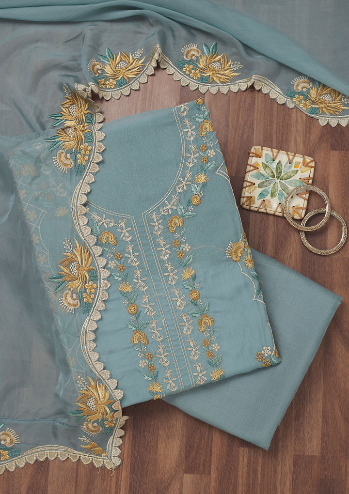 Grey Threadwork Tissue Unstitched Salwar Suit