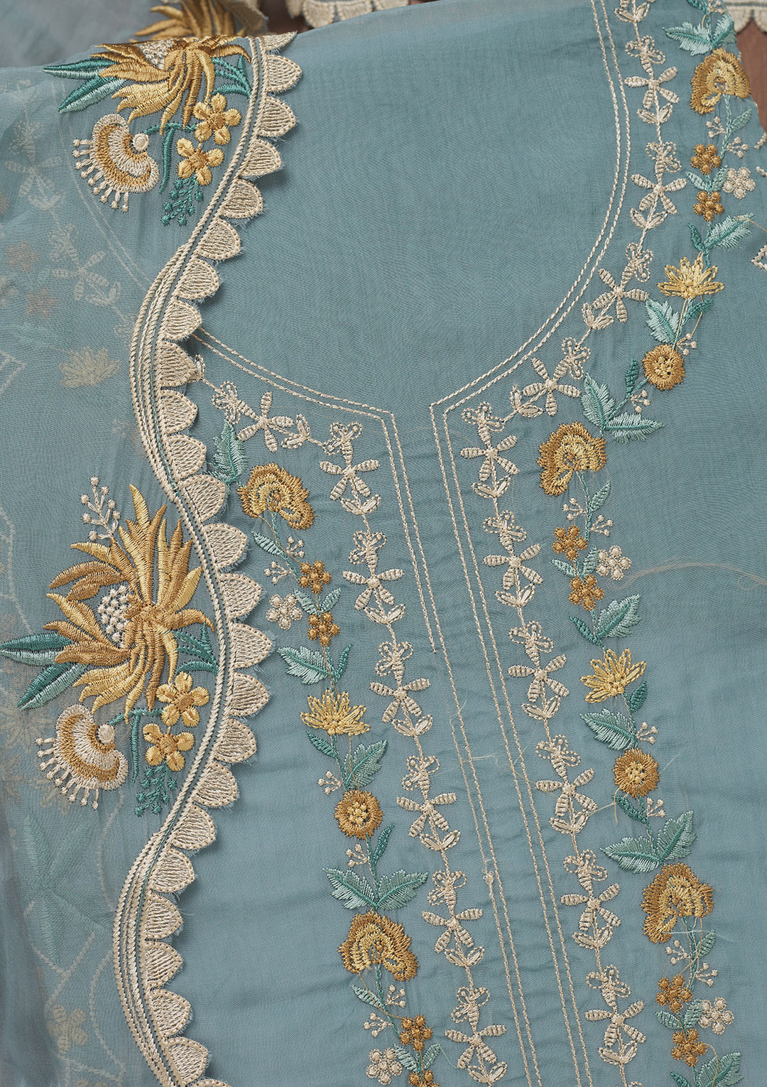 Grey Threadwork Tissue Unstitched Salwar Suit