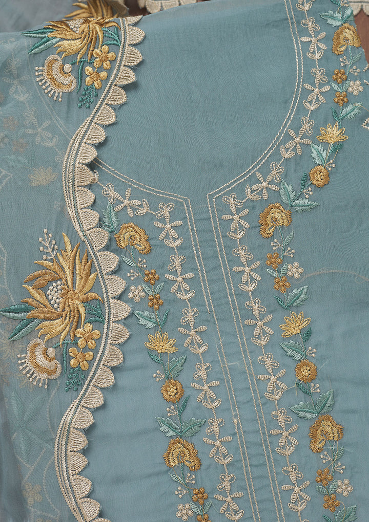 Grey Threadwork Tissue Unstitched Salwar Suit