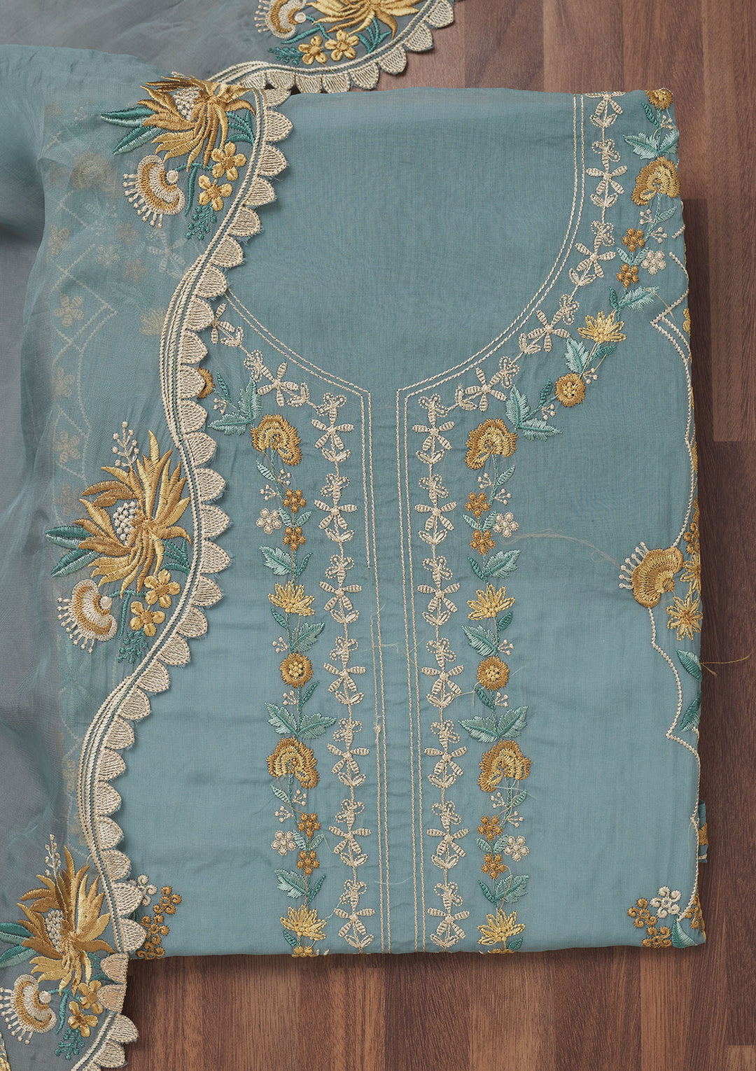 Grey Threadwork Tissue Unstitched Salwar Suit