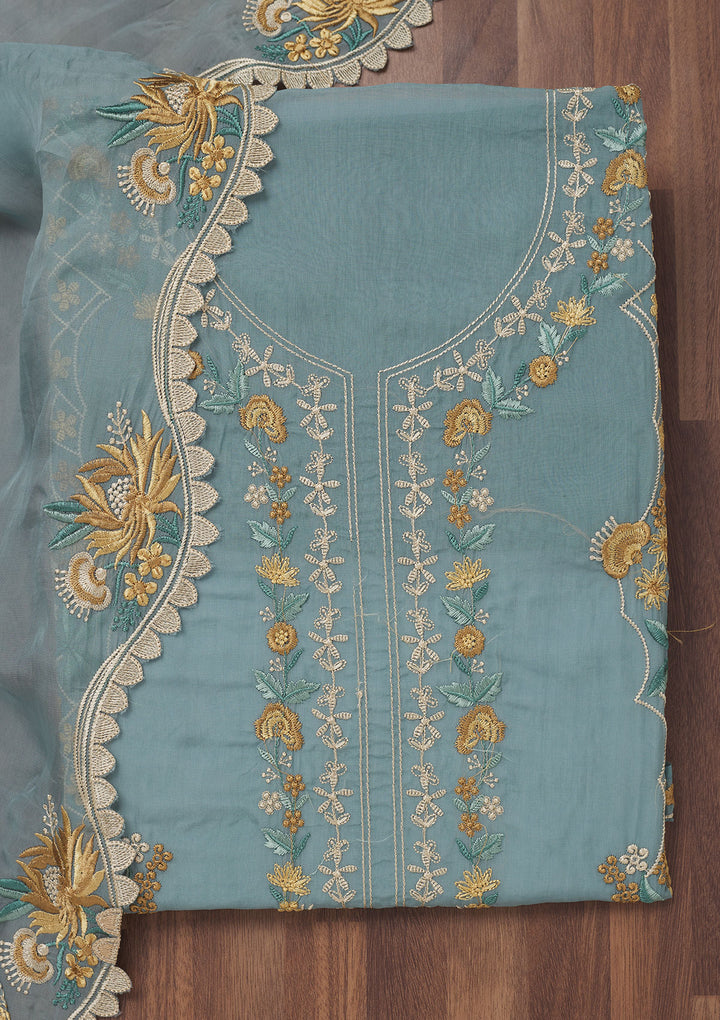 Grey Threadwork Tissue Unstitched Salwar Suit