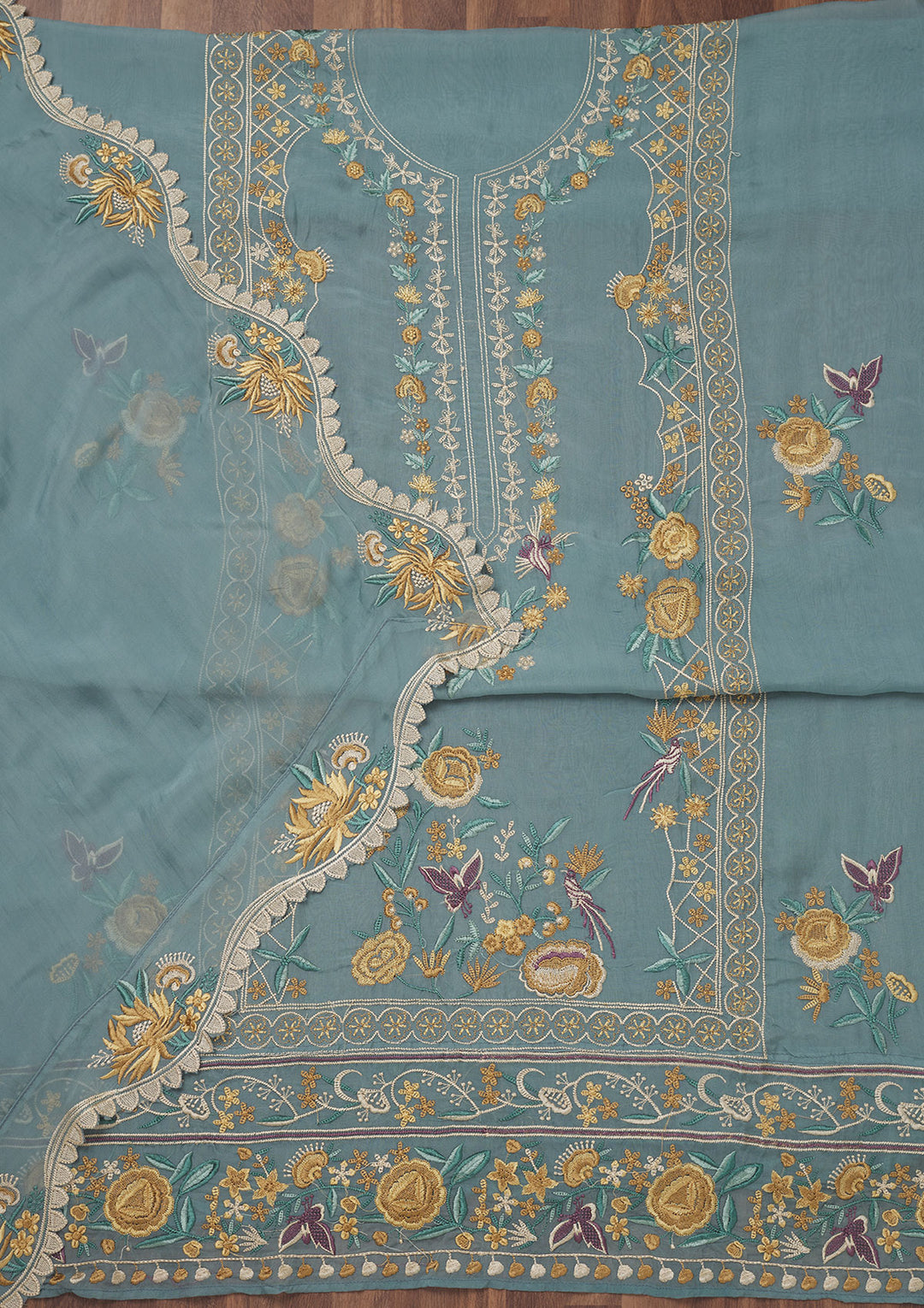 Grey Threadwork Tissue Unstitched Salwar Suit
