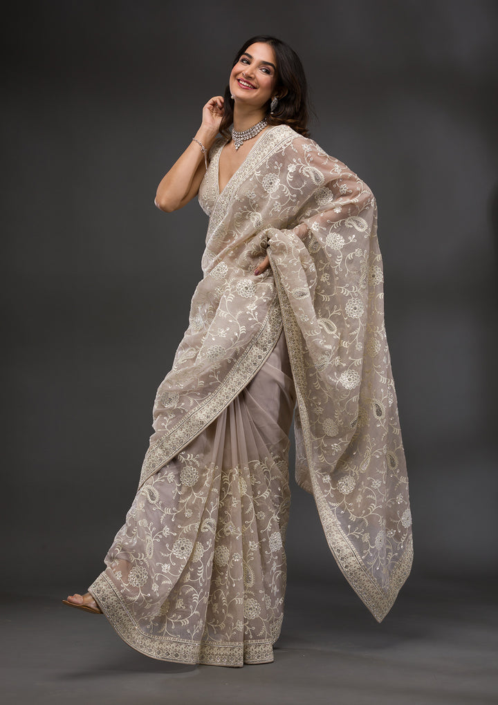 Grey Threadwork Organza Saree