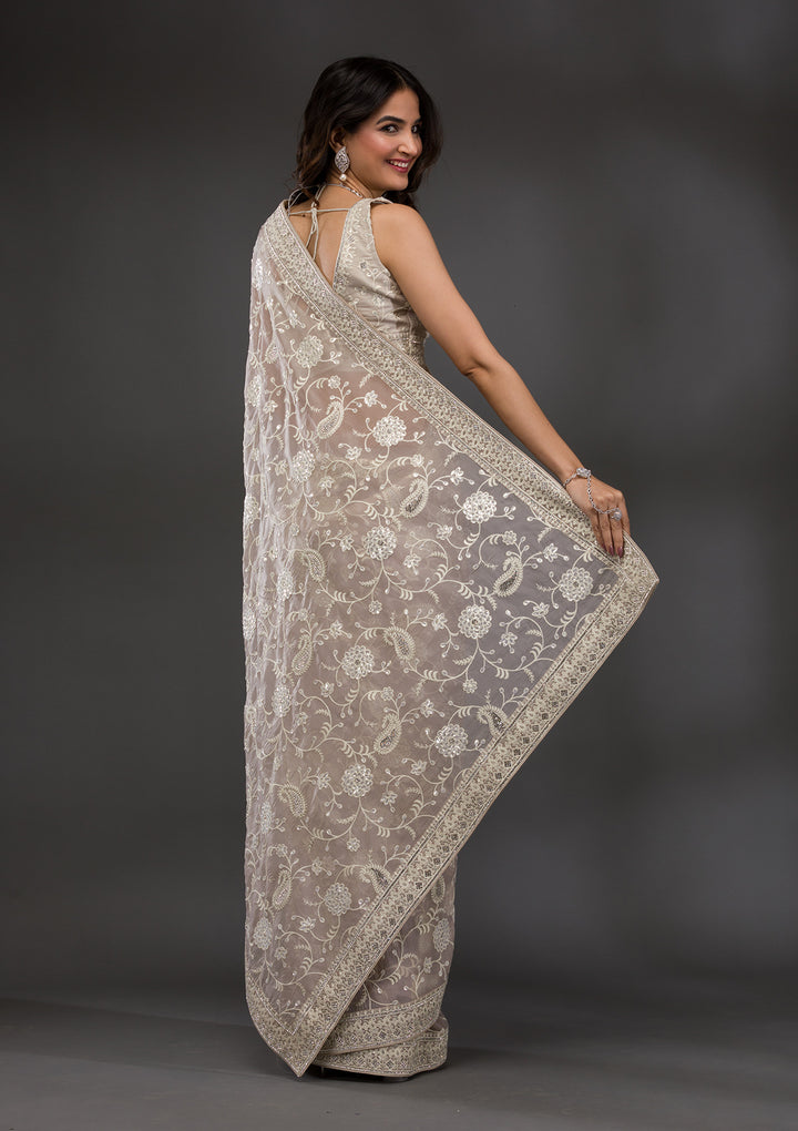 Grey Threadwork Organza Saree