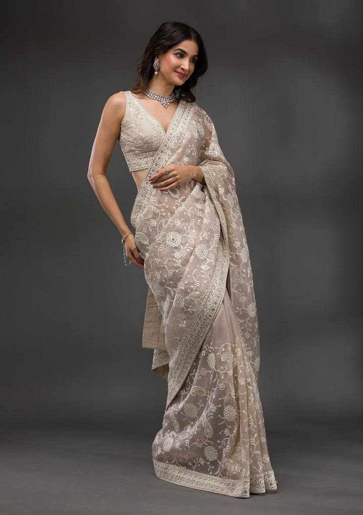 Grey Threadwork Organza Saree