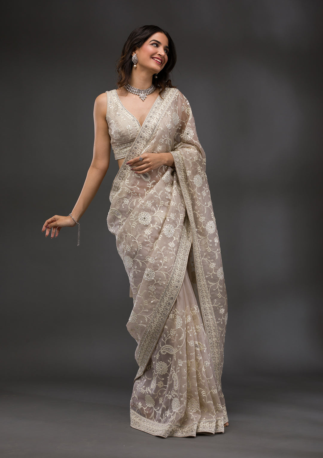 Grey Threadwork Organza Saree