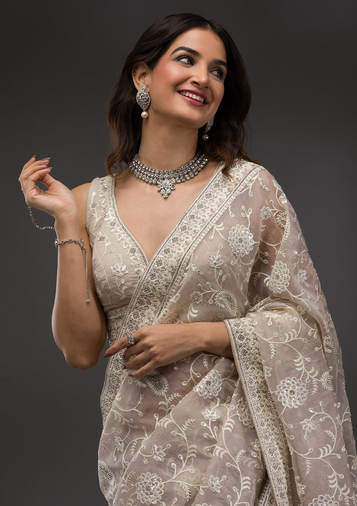 Grey Threadwork Organza Saree