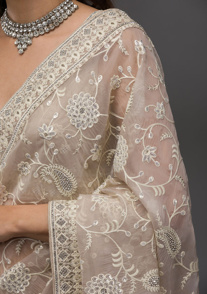 Grey Threadwork Organza Saree