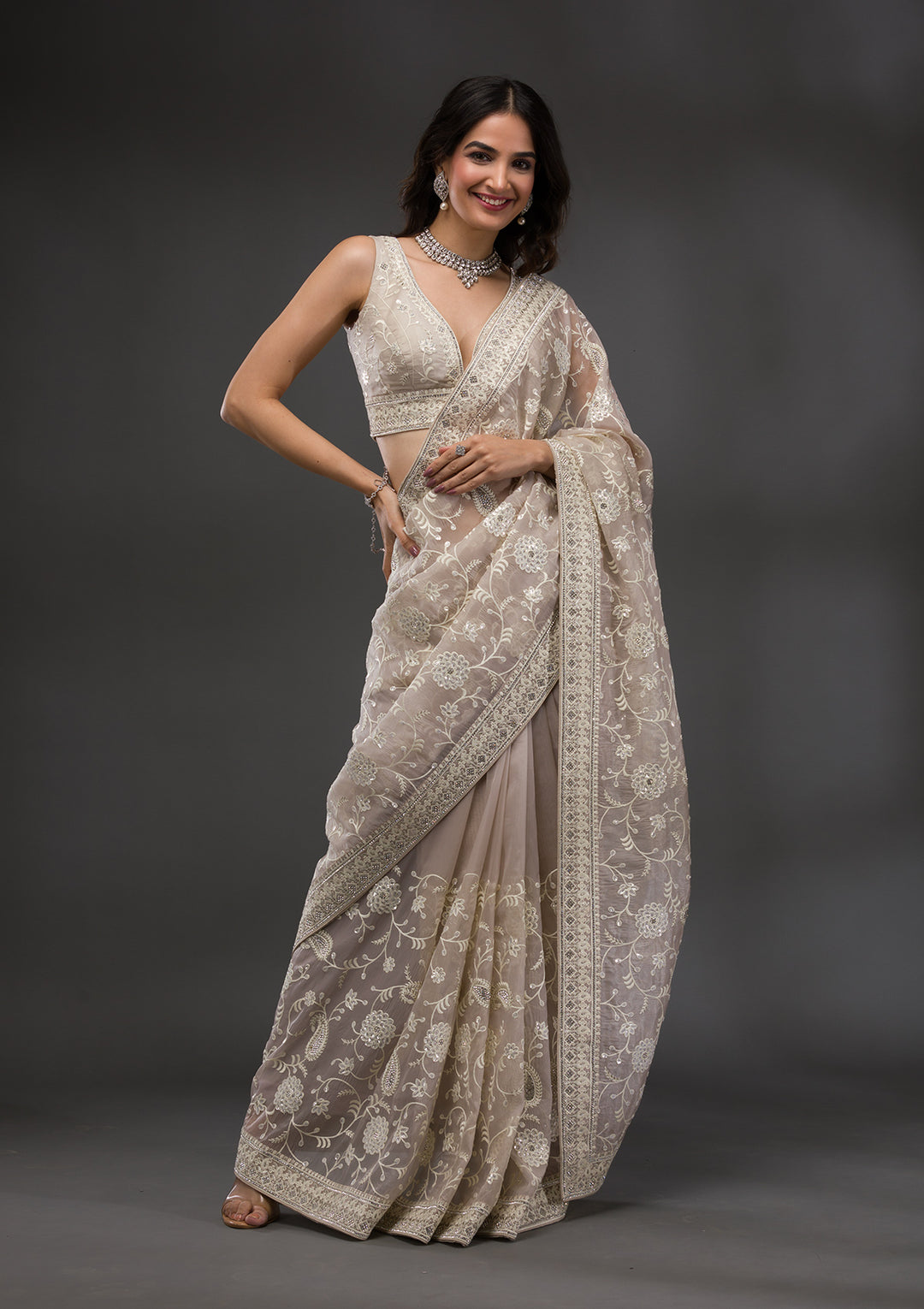 Grey Threadwork Organza Saree