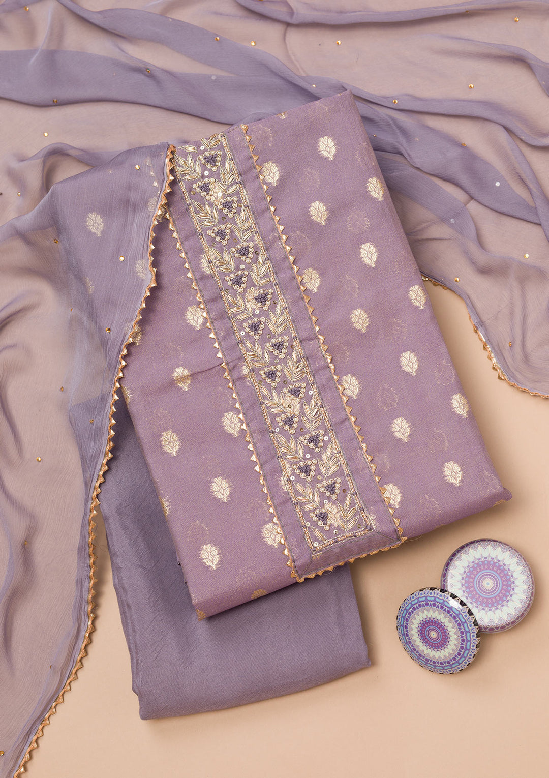 Grey Zariwork Art Silk Unstitched Salwar Suit
