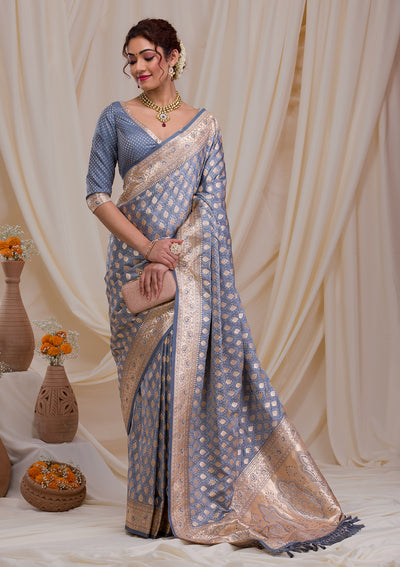 Grey Zariwork Art Silk Saree-Koskii