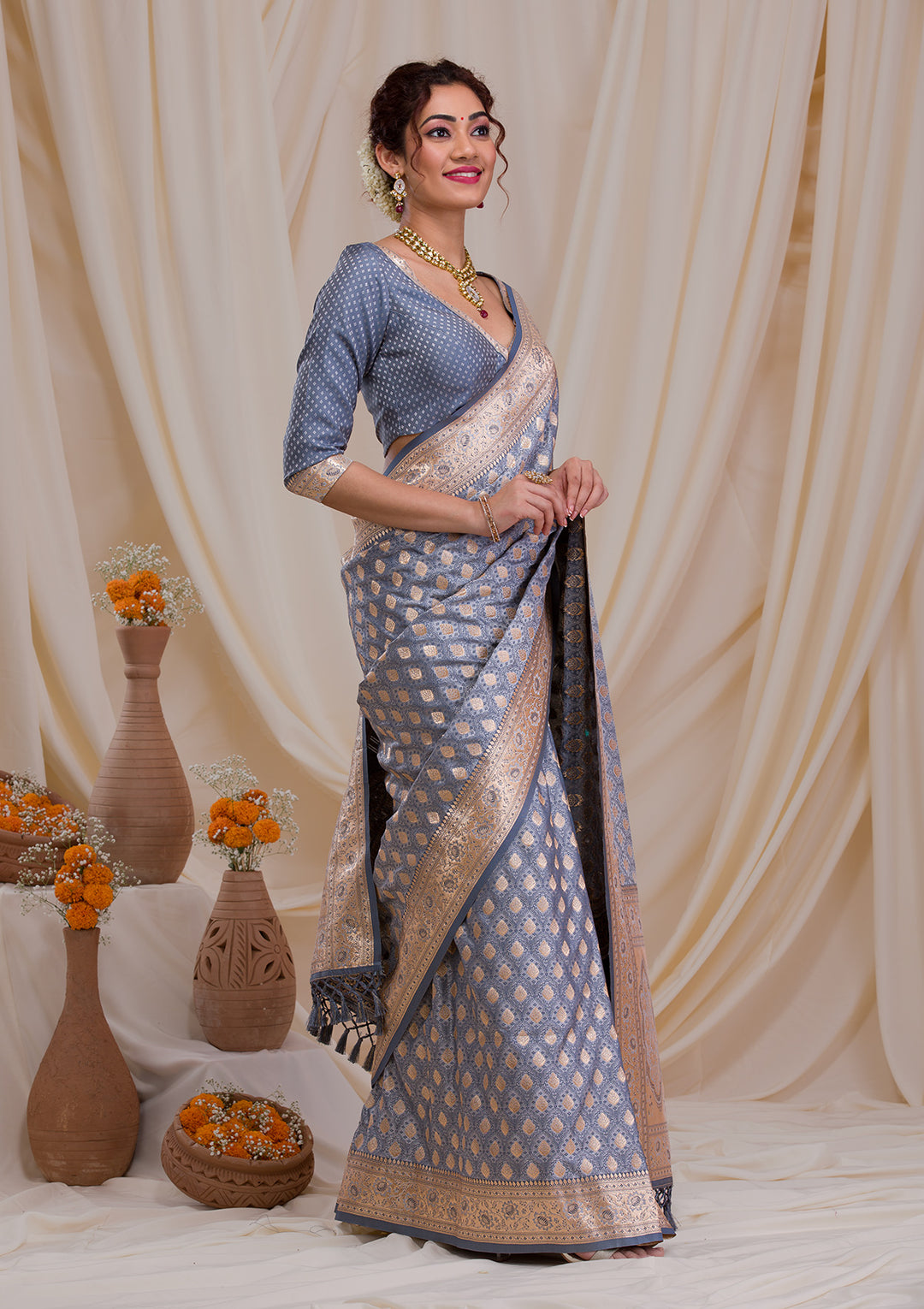 Grey Zariwork Silk Saree
