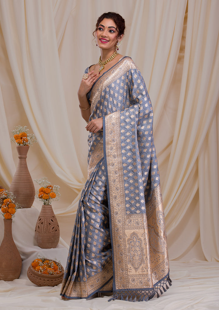 Grey Zariwork Silk Saree