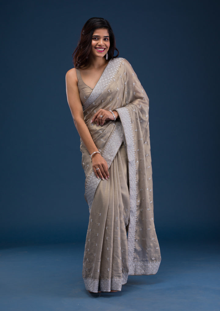 Grey Zariwork Chiffon Saree