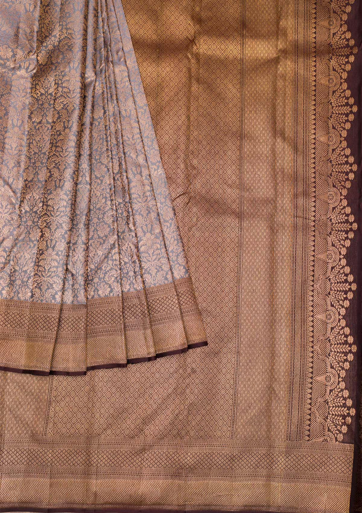 Grey Copper Zariwork Pure Silk Saree