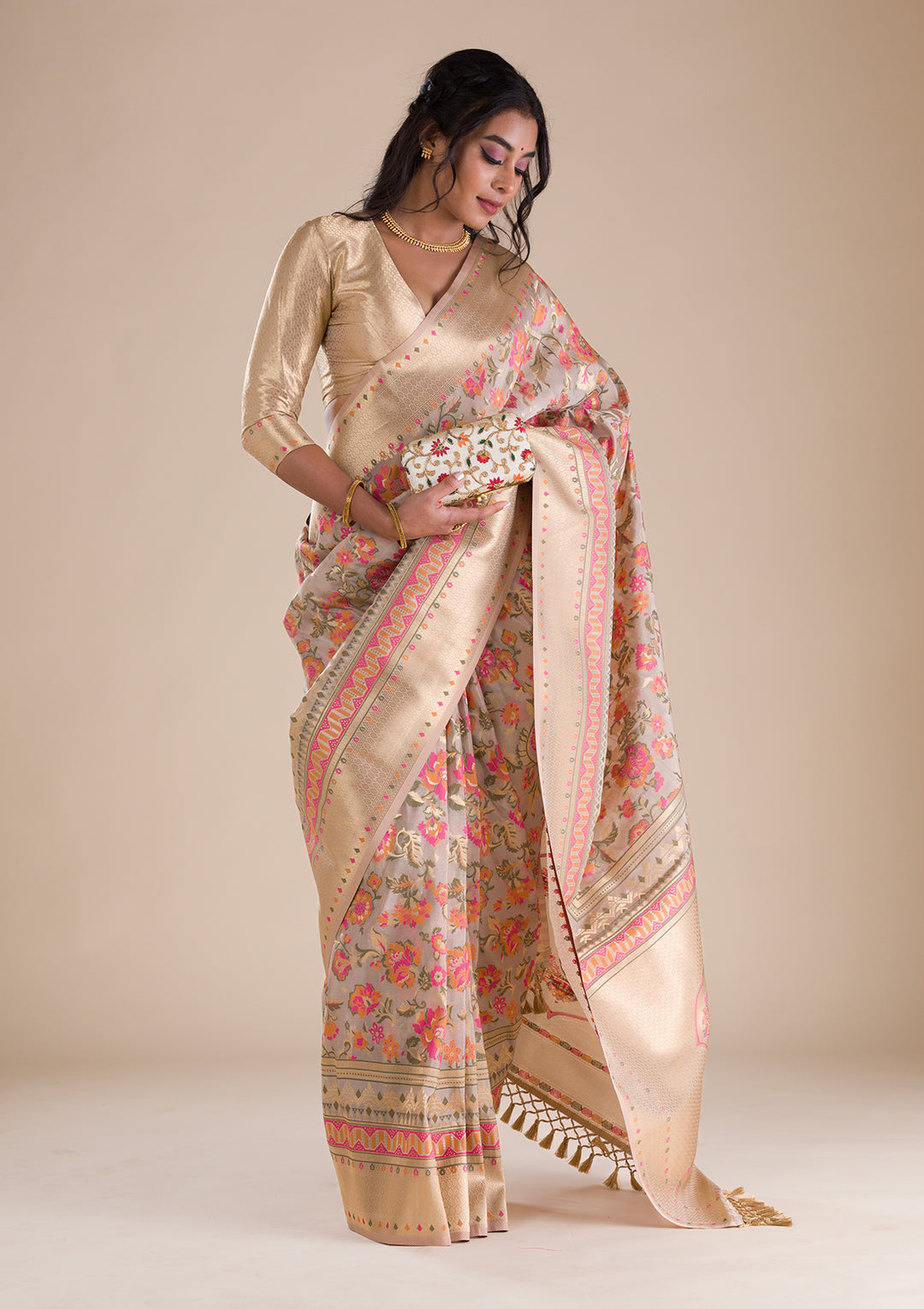 Grey Zariwork Soft Silk Saree