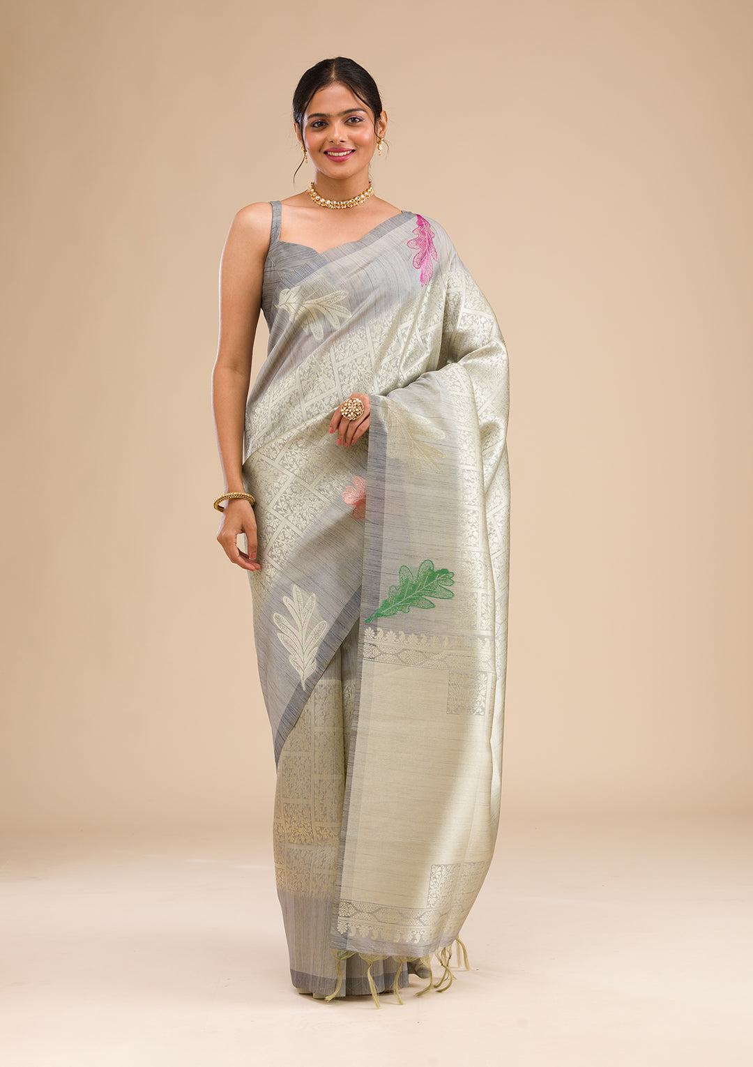 Grey Zariwork Soft Silk Saree