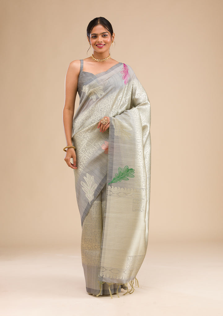 Grey Zariwork Soft Silk Saree
