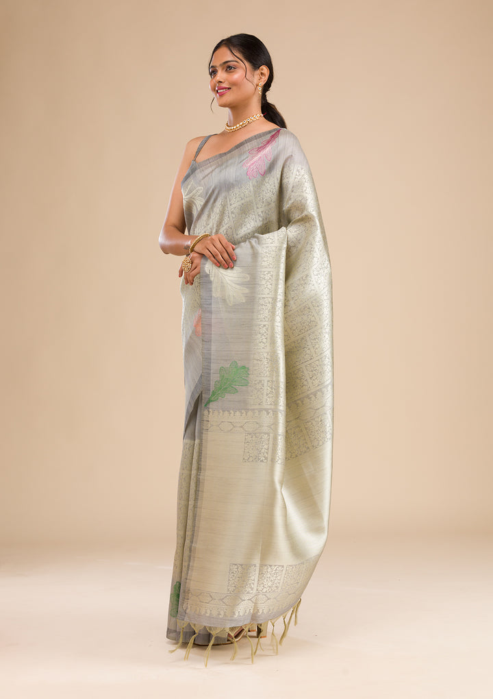 Grey Zariwork Soft Silk Saree