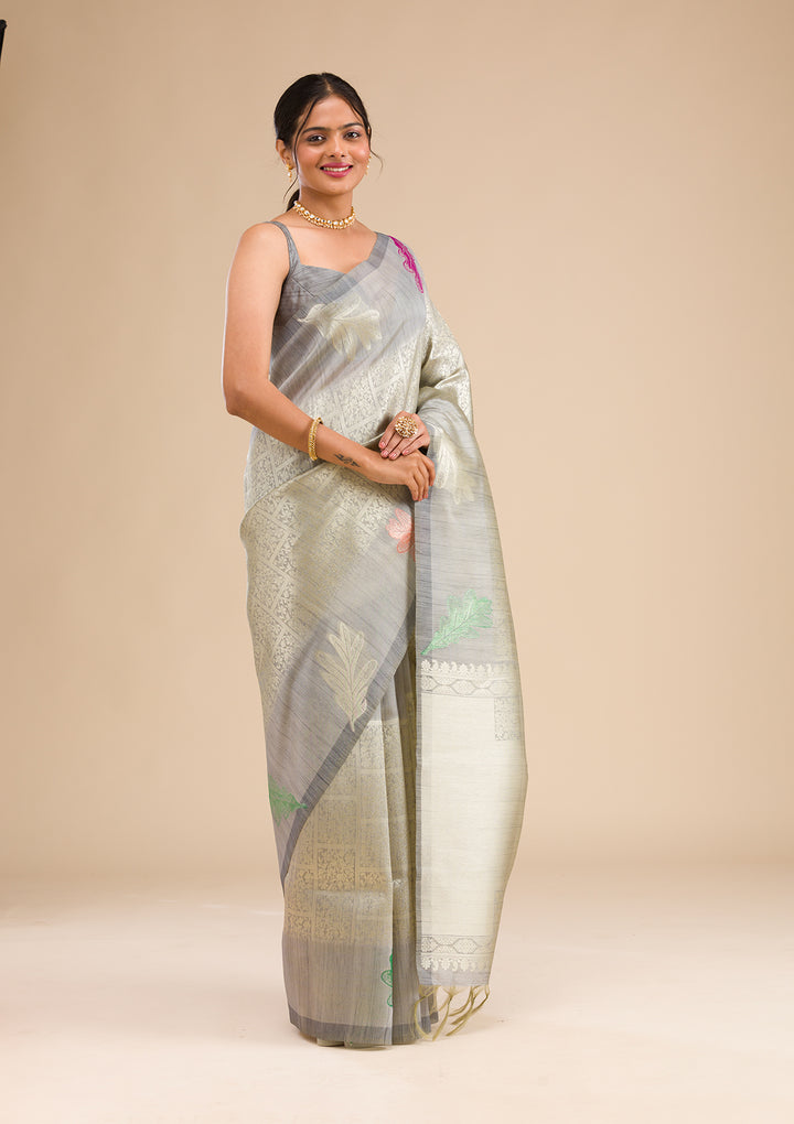 Grey Zariwork Soft Silk Saree