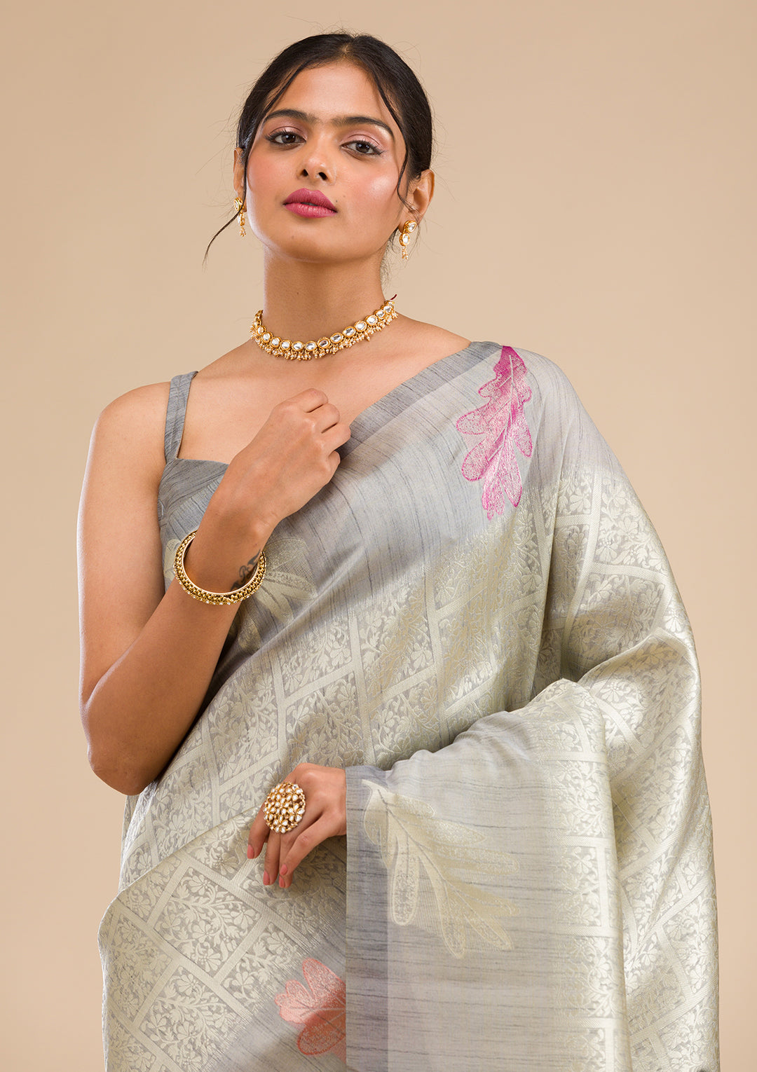 Grey Zariwork Soft Silk Saree