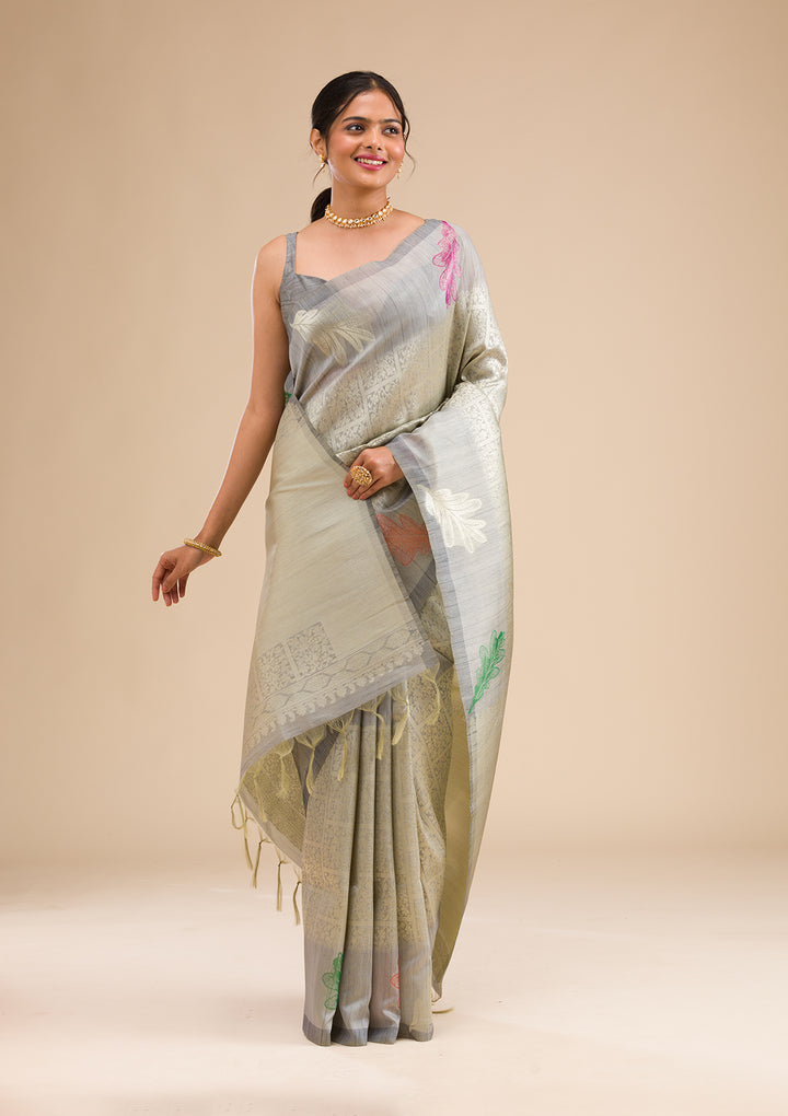 Grey Zariwork Soft Silk Saree