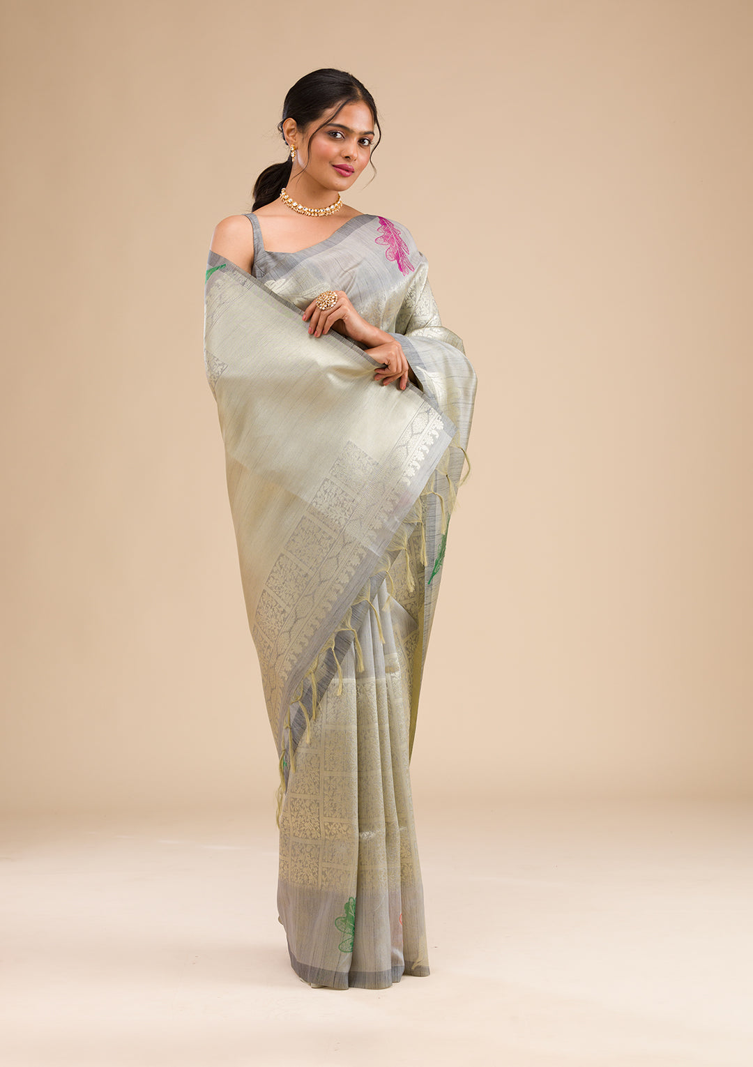 Grey Zariwork Soft Silk Saree