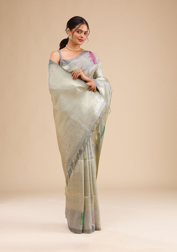 Grey Zariwork Soft Silk Saree