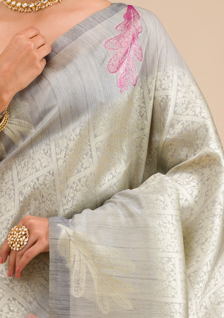Grey Zariwork Soft Silk Saree