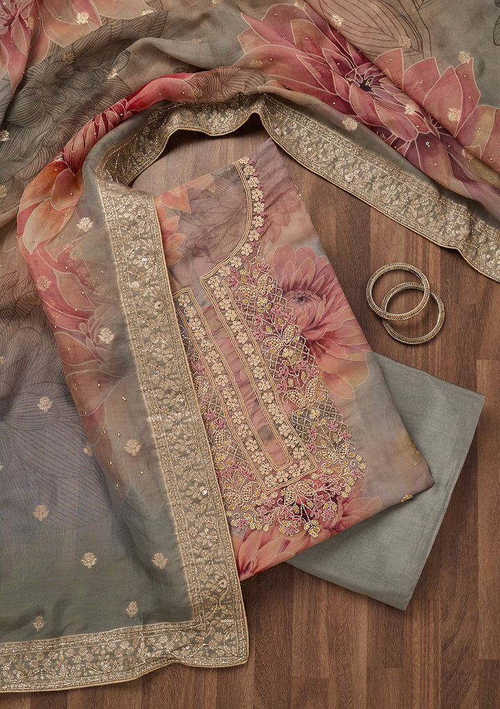 Grey Zariwork Tissue Unstitched Salwar Suit