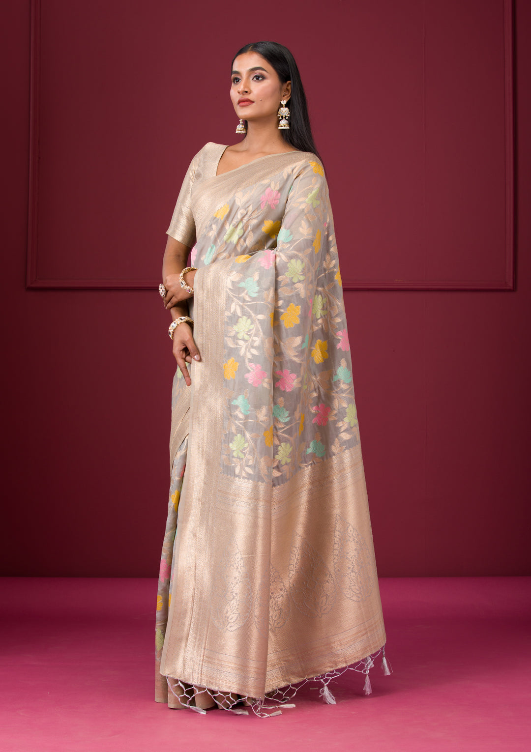 Grey Zariwork Tissue Saree