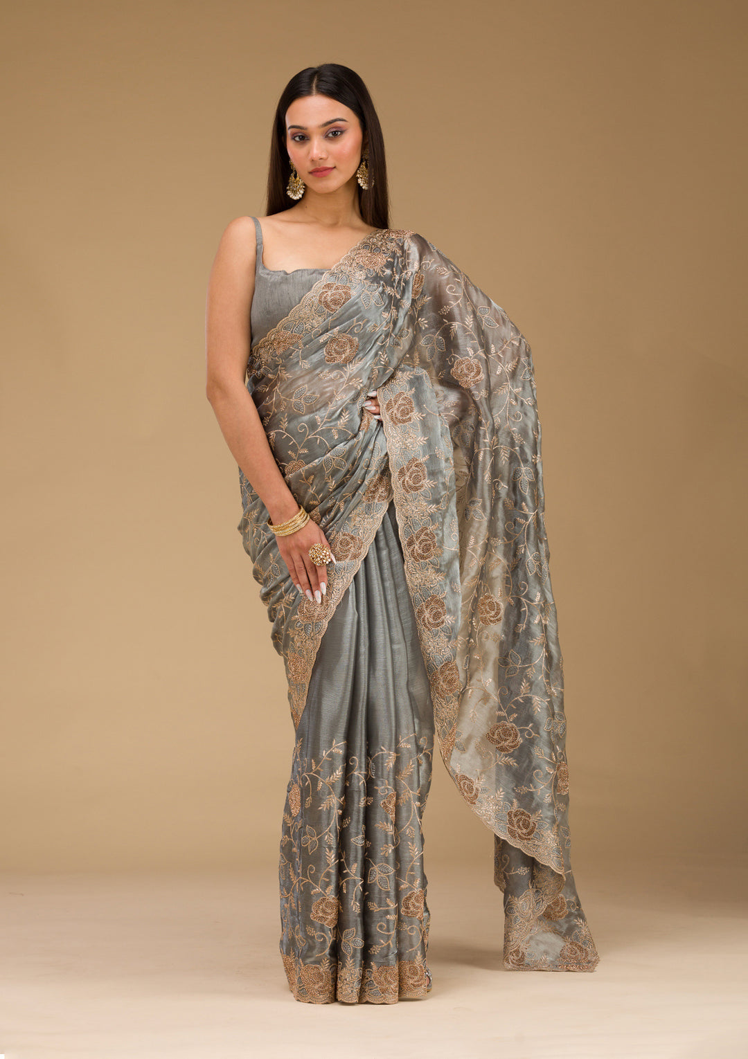 Grey Zariwork Tissue Saree