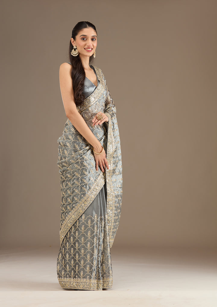 Grey Zariwork Tissue Saree