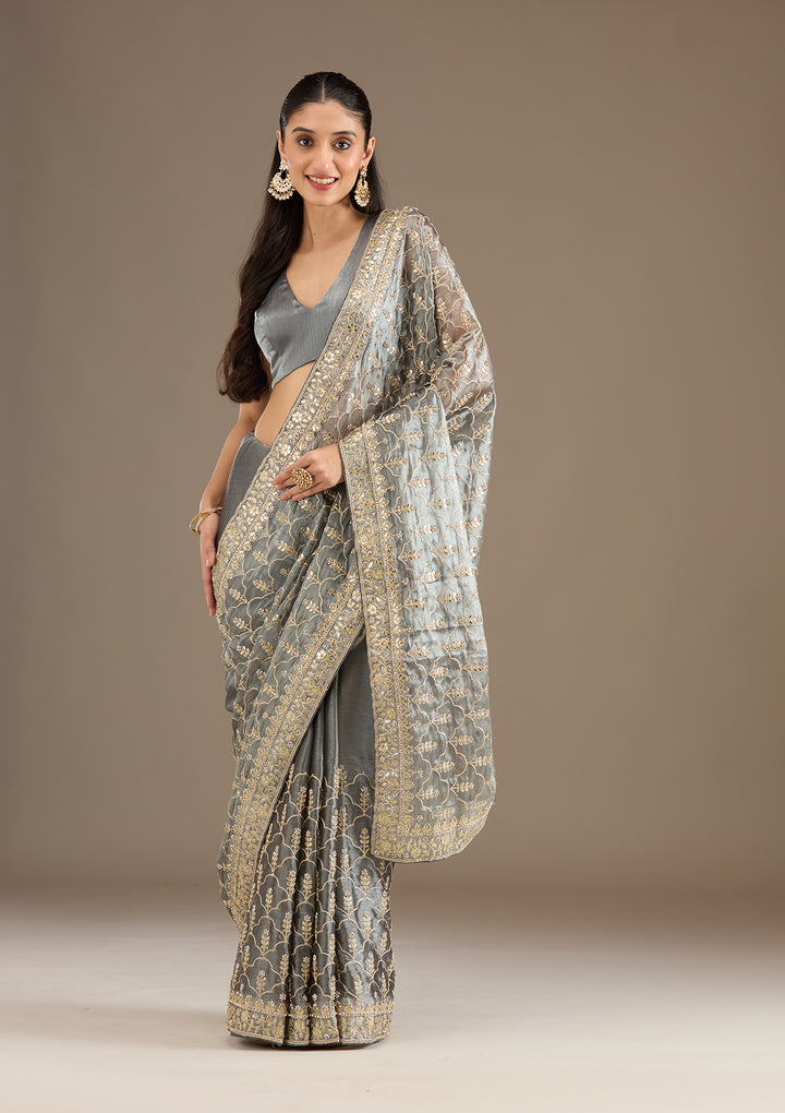 Grey Zariwork Tissue Saree