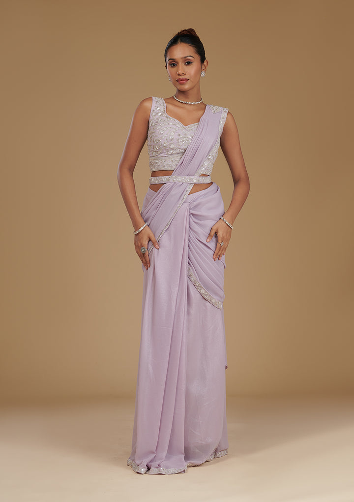 Lavender Cutdana Chiffon Readymade Saree