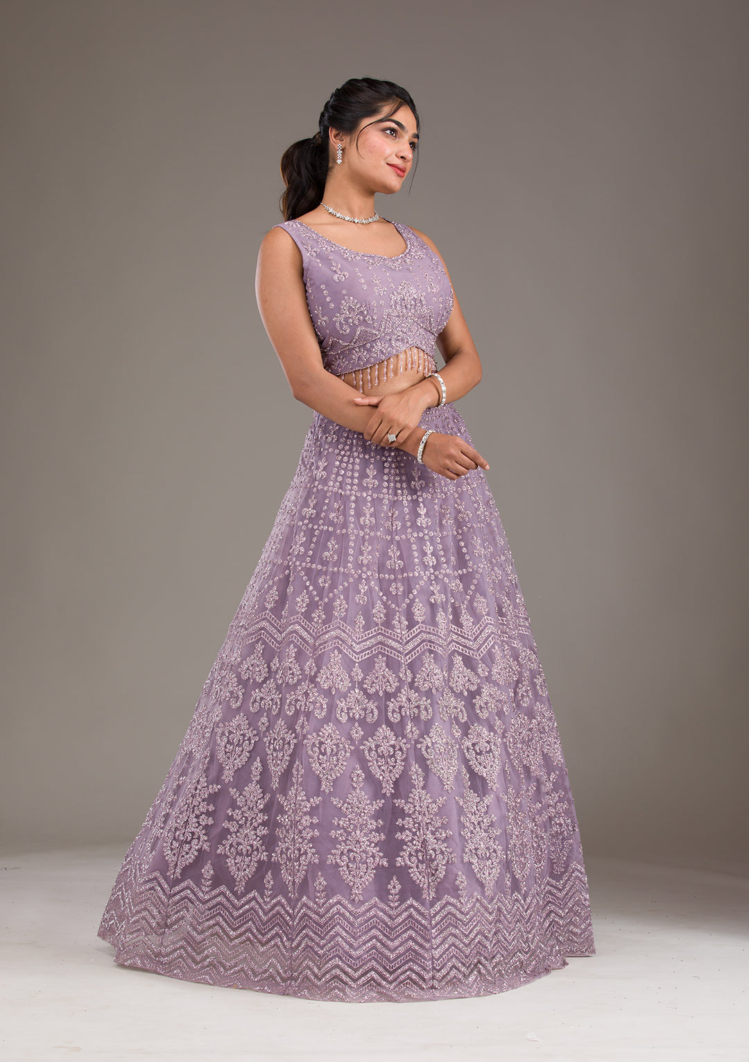 Lavender Cutdana Net Readymade Lehenga