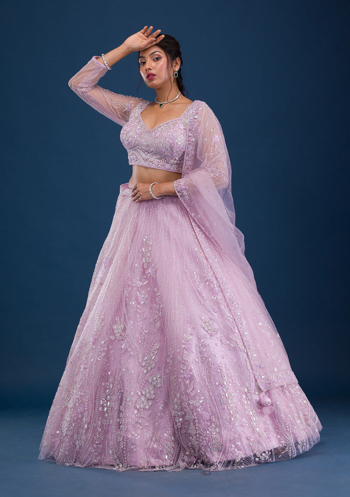 Lavender Cutdana Net Readymade Lehenga