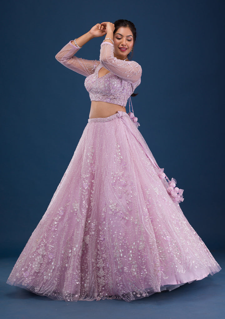 Lavender Cutdana Net Readymade Lehenga