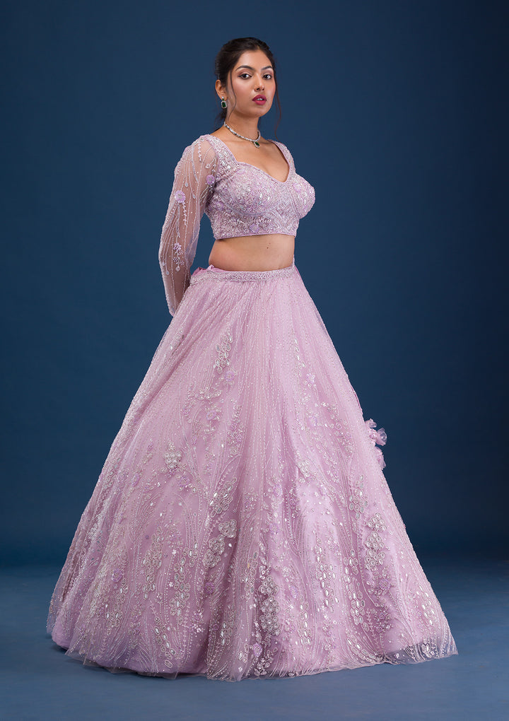 Lavender Cutdana Net Readymade Lehenga